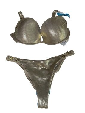 Censored Shimmery Gold Two-Piece Underwire Bikini Set with rhinestone details